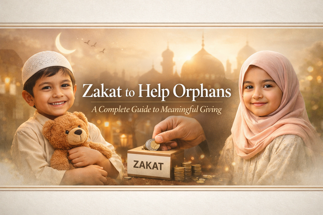 Zakat to Help Orphans banner showing Muslim children, donation box, and warm Islamic background with message “A Complete Guide to Meaningful Giving”