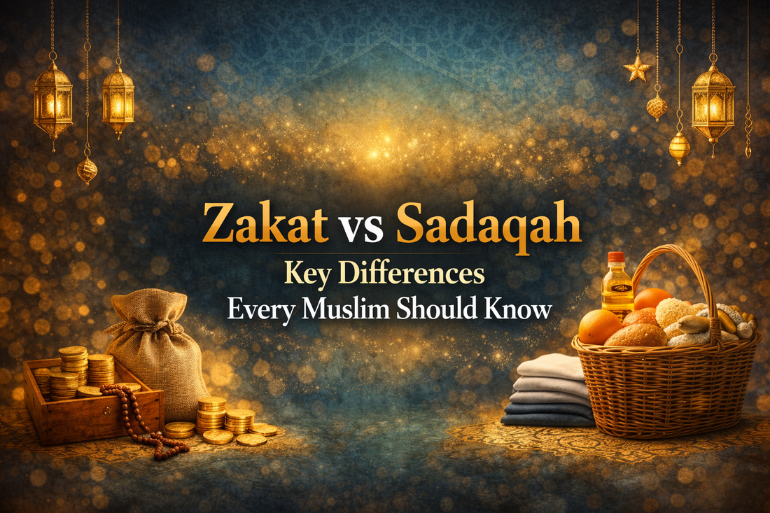 Zakat vs Sadaqah banner showing key differences in Islamic charity with coins, charity box, food basket, clothes, lanterns, and Ramadan-themed blue and gold background.