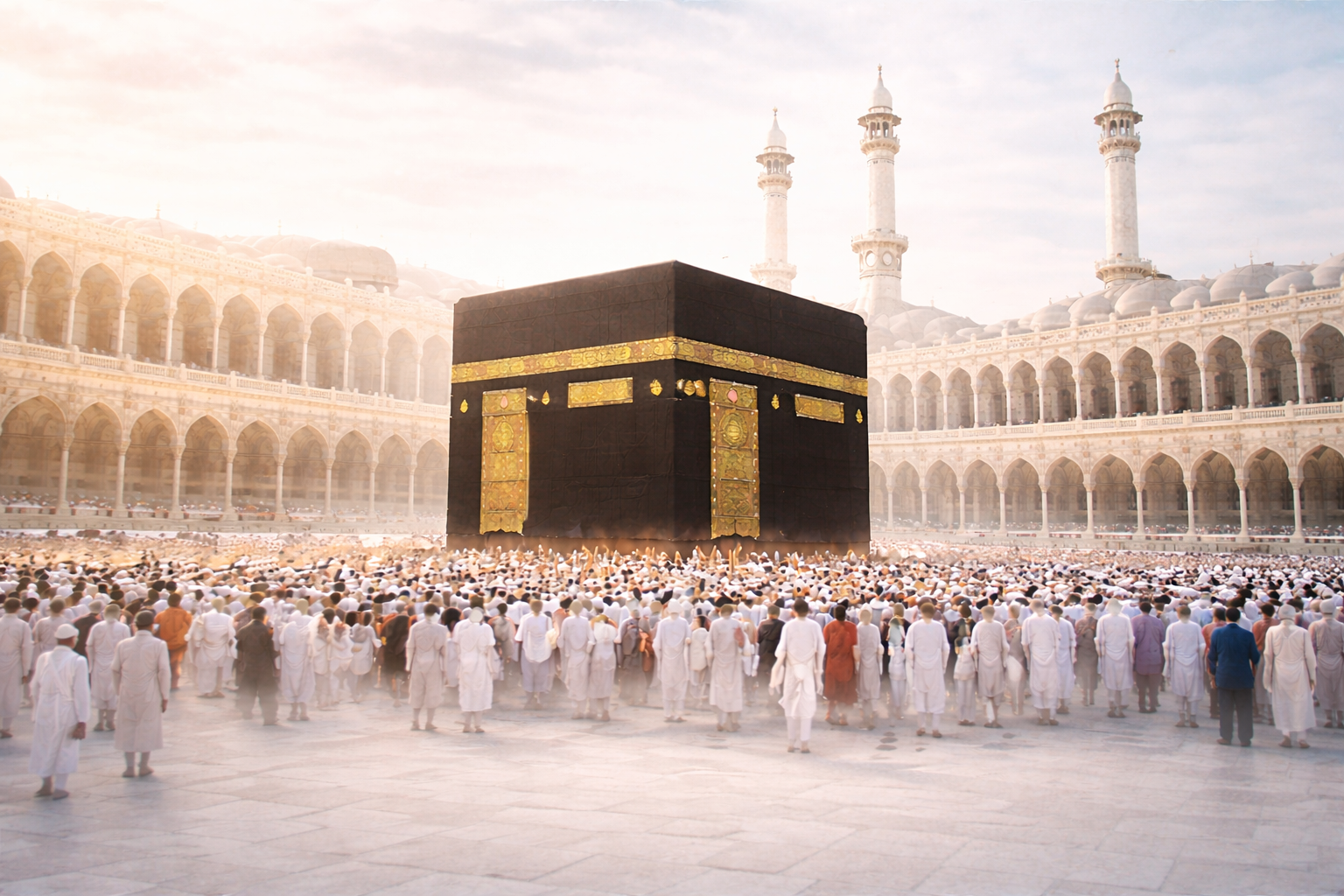 The Kaaba at Masjid al-Haram in Makkah surrounded by pilgrims, representing Islamic guidance on Badal Hajj