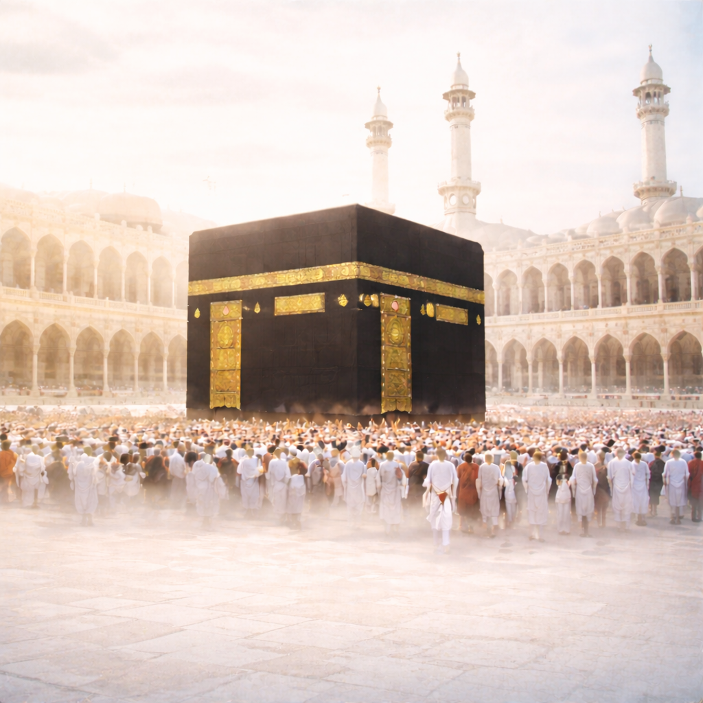 The Kaaba at Masjid al-Haram in Makkah during tawaf, representing Beliefs (Aqidah) in Islam.