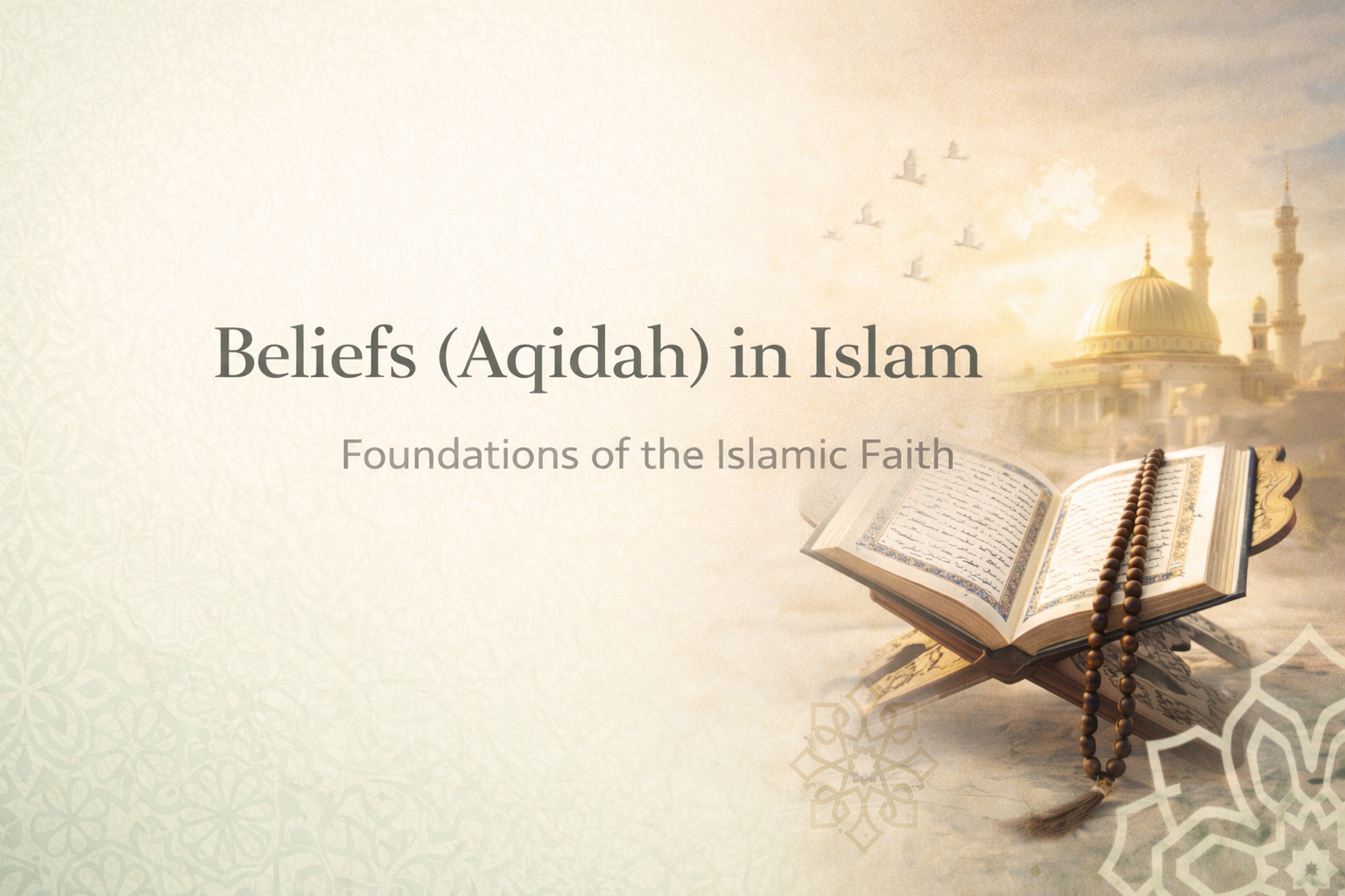 Beliefs (Aqidah) in Islam showing the foundations of Islamic faith with the Qur’an and mosque imagery