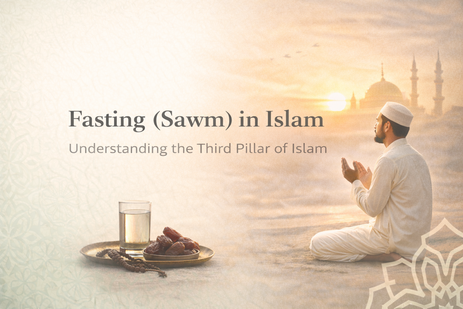 Fasting (Sawm) in Islam showing a Muslim man praying at sunset with dates and water, representing the third pillar of Islam