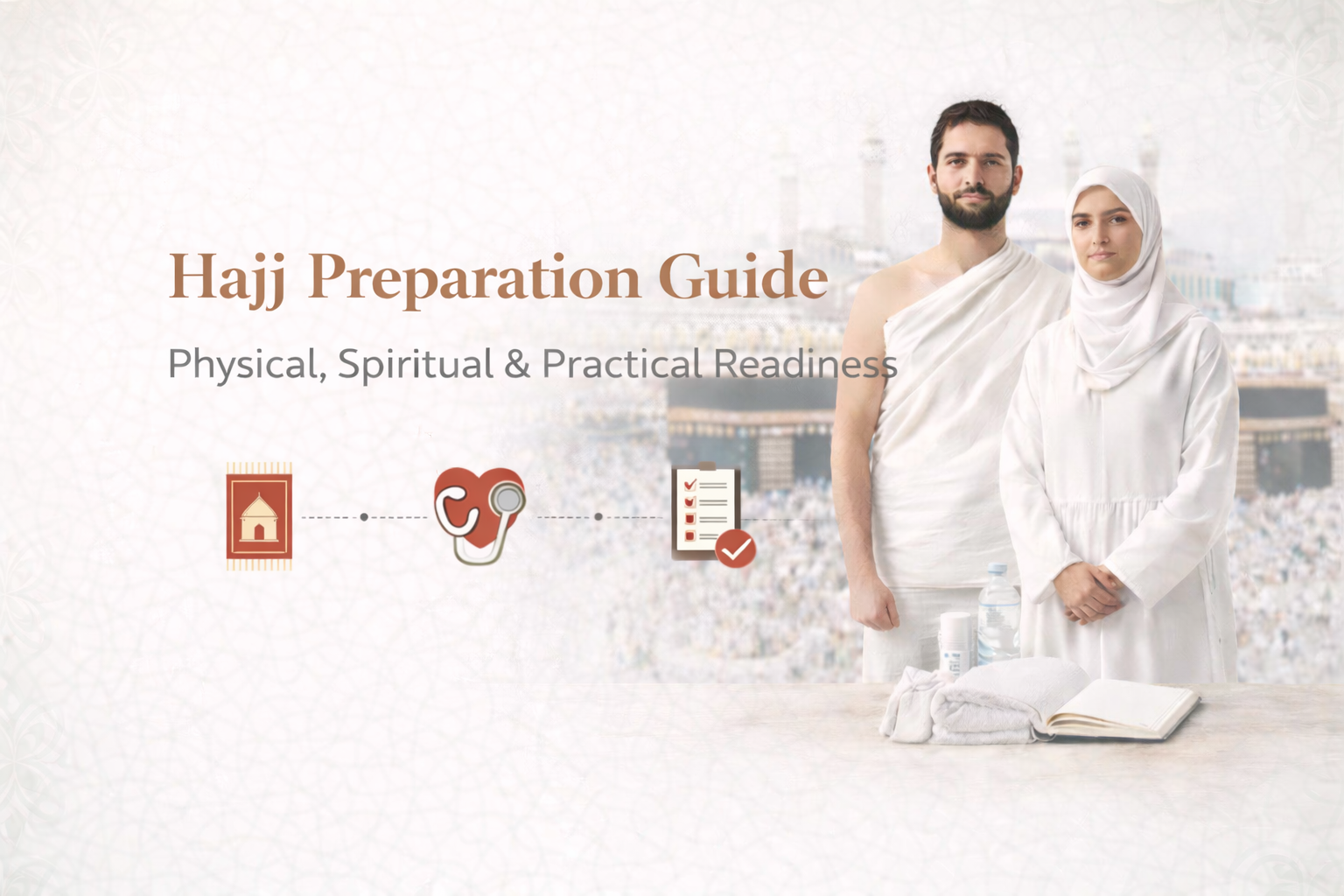 Hajj preparation guide banner showing a Muslim man and woman in Ihram near the Kaaba, representing physical, spiritual, and practical readiness for Hajj