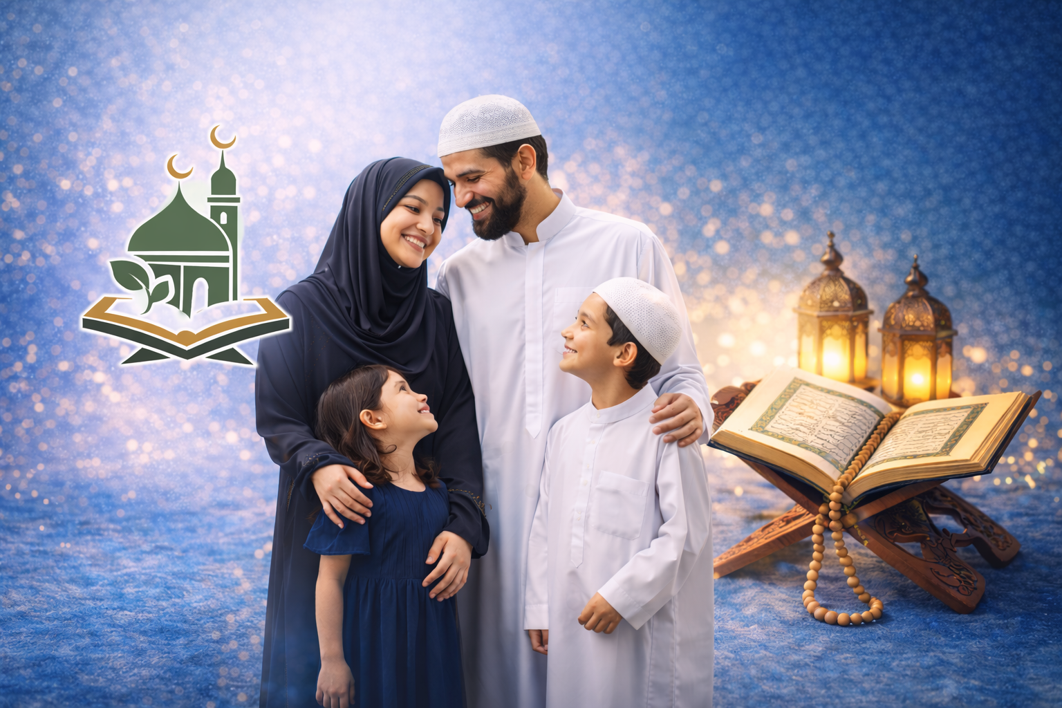 Muslim family with children learning Islamic guidance together with the Quran