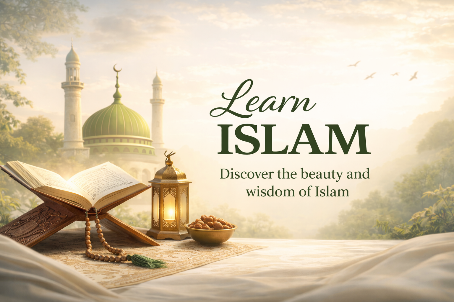 Learn Islam hero banner featuring an open Quran, prayer beads, lantern, and mosque dome symbolising Islamic education and knowledge.