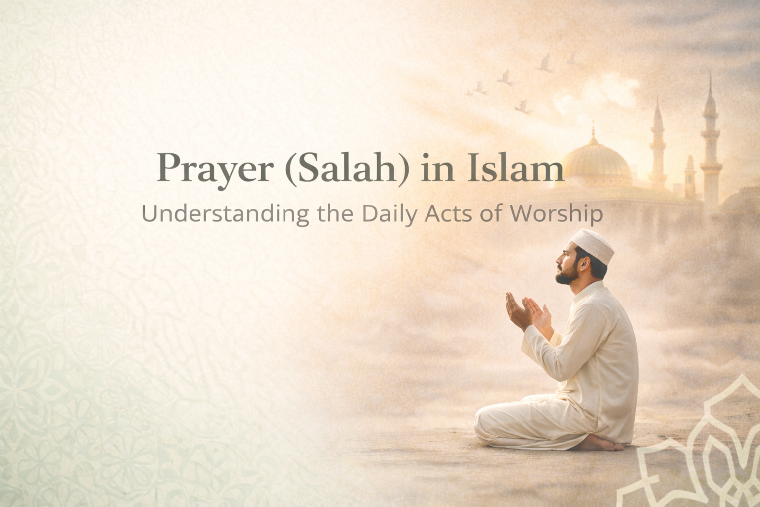 Prayer (Salah) in Islam showing a Muslim man sitting and praying with raised hands, representing daily acts of worship