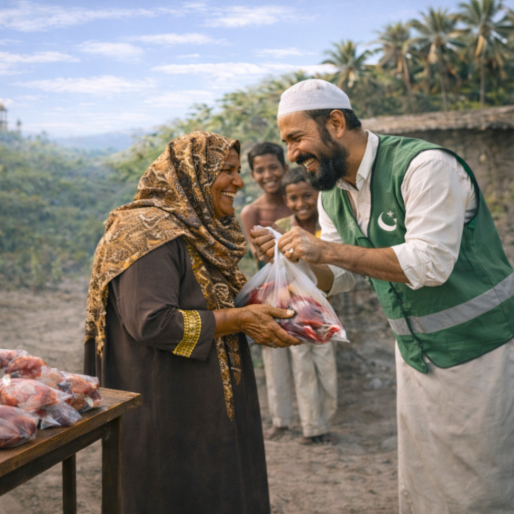 Qurbani meat distribution during Eid al-Adha, showing sacrificial meat being shared with families in need
