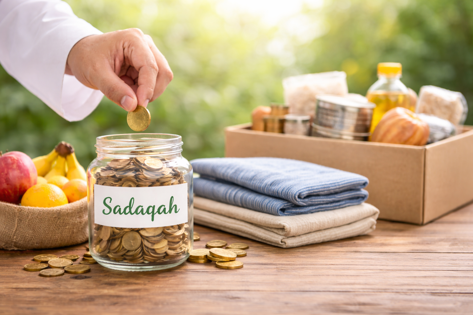 Hand placing a coin into a 'Sadaqah' jar with groceries and clothes in the background.