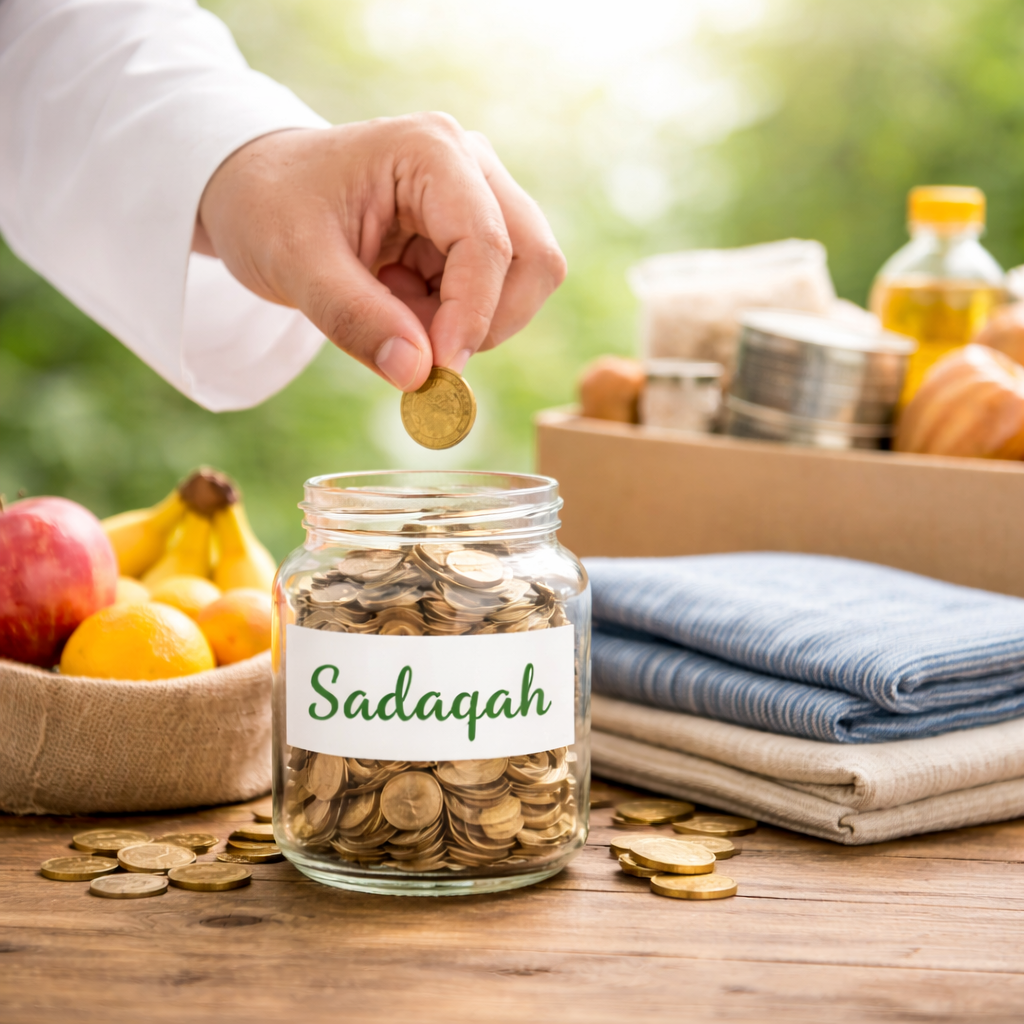 Hands giving charity as Sadaqah according to Islamic guidance
