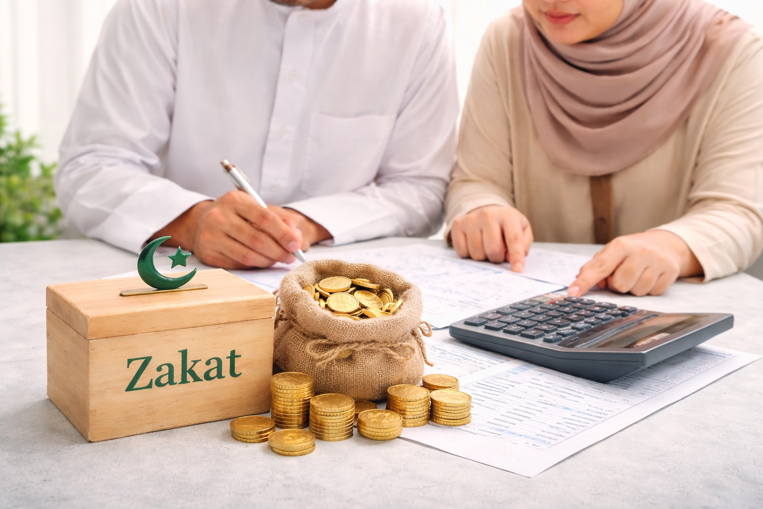 Muslim couple calculating Zakat together using Islamic guidance