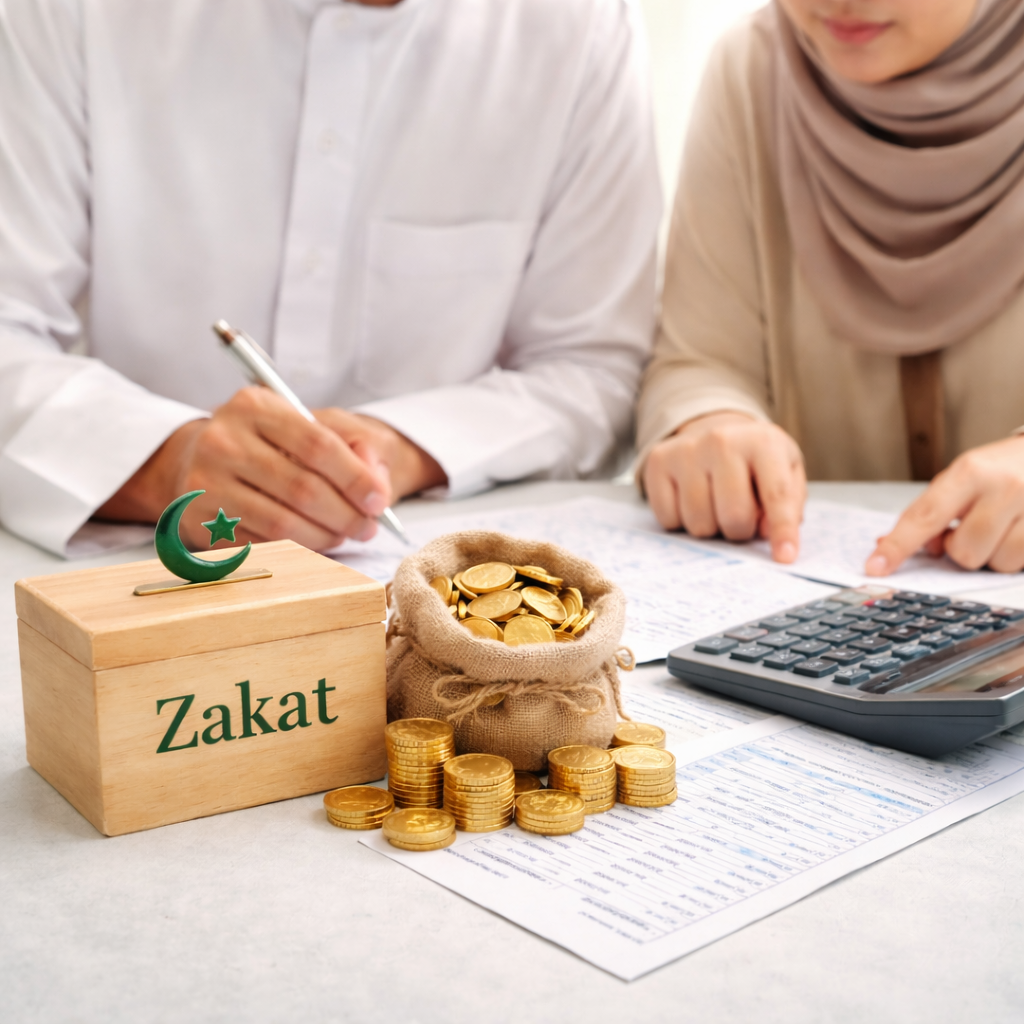 Muslim couple calculating Zakat together using Islamic guidance