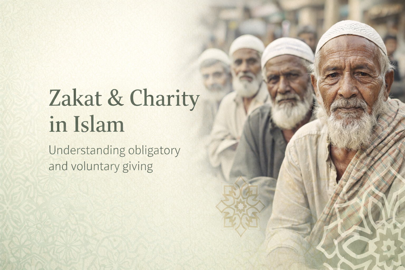 Zakat and charity in Islam showing elderly people in need, explaining obligatory and voluntary giving as acts of worship